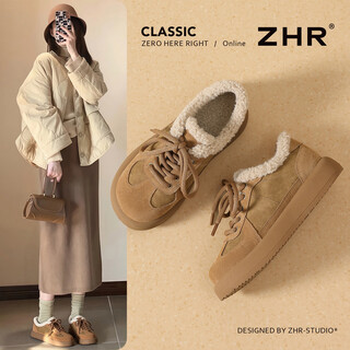 Zhr birkenstock shoes for women winter short plush casual women's suede cowhide versatile cotton shoes for women eh278b camel 38