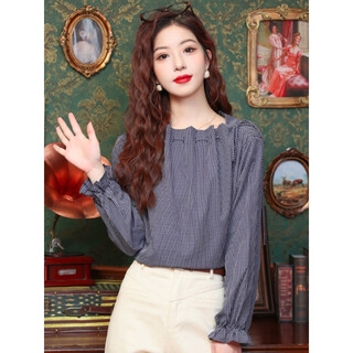 Zuosu french striped long-sleeved shirt for women 2025 autumn new one-line collar drawstring design chic and fashionable western style top blue l (100-110jin jin is equal to 0.5kg)