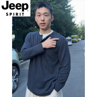 Jeep spirit bamboo cotton fake two-piece henry collar long-sleeved t-shirt men's cleanfit inner layering shirt early autumn single-wear top navy blue m (100-115jin jin equals 0.5 kg)