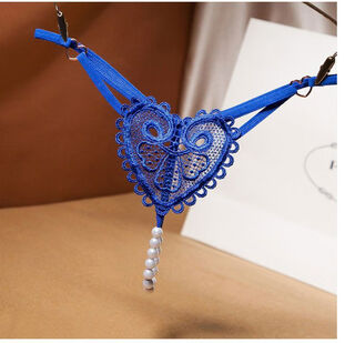 Pearl panties massage private parts sexy lace open file european and american transparent hollow low waist sexy panties fun thong women blue one size fits 80-130jin jin is equal to 0.5kg