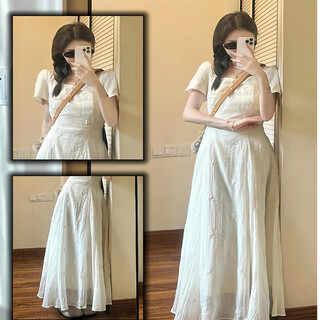Bangboshi white dress short-sleeved embroidered floral long dress 2025 summer new tea break french style elegant temperament gentle style embroidered dress apricot m size suitable for 85-100jin jin is equal to 0.5 kg