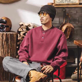 Jay leno american retro heavyweight henry collar sweatshirt men's spring and autumn 2025 new loose autumn and winter large size casual polo shirt maroon regular l suitable for 120-140jin jin equals 0.5 kg