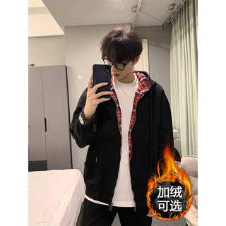 Du xiaoxian's spliced plaid hooded cardigan and sweatshirt for men, spring and autumn holiday two-piece american fashion brand heavy stiff zipper jacket, black plus velvet xl recommended 120-140jin jin equals 0.5 kg
