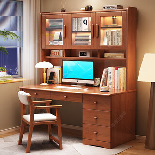 Huixun solid wood desk bookshelf bookcase integrated combination home computer desk bedroom children's study table middle school student writing desk walnut color #desk + bookshelf 100cm*60cm*75cm total height 186cm