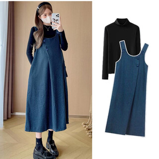 Ran qiqi pregnant women suspender skirt autumn 2025 new petite spring and autumn thickened woolen dress suit loose and high-end blue skirt + black sweater (suit) l