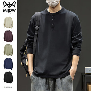 Miiow pure cotton bottoming shirt autumn men's top t spring autumn style american retro teen henley collar casual long sleeve t-shirt active black xl