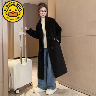 G.duckkids little yellow duck girls' woolen coat spring and autumn style double-sided woolen coat winter medium and large children's long windbreaker black 160 cm