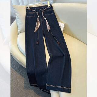 Denim blue wide leg jeans for women autumn and winter 2025 new style this year's popular narrow straight plus fleece pants for women denim blue - trousers - free belt m 27/recommended 96-105 jin jin equals 0.5 kg