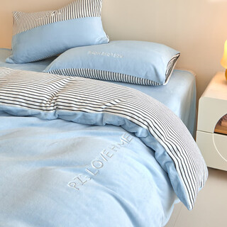 Luolai home luolai produces autumn and winter thickened milk velvet bed four-piece set new coral baby velvet quilt cover bed sheet embroidery lycra-baby blue light luxury milk velvet skin-friendly and warm bed sheet style 1.8m bed four-piece set-quilt cover 200*230c