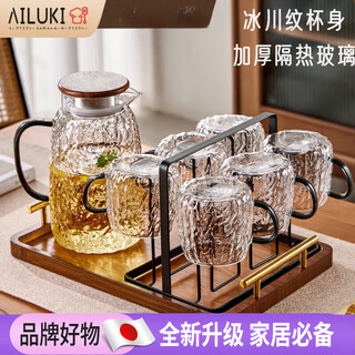 Ailuki japanese high-looking glass home hospitality light luxury high-end living room water cup set drinking tea cup for women glacier cup 6 pieces + glacier pot 1.8l + iron cup holder + large gold handle