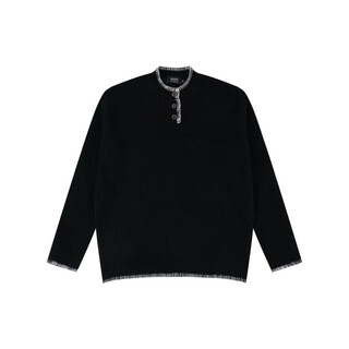 Zhi sheng ji henley collar sweater men's autumn and winter american retro lazy style korean style loose knitted sweater casual top black m