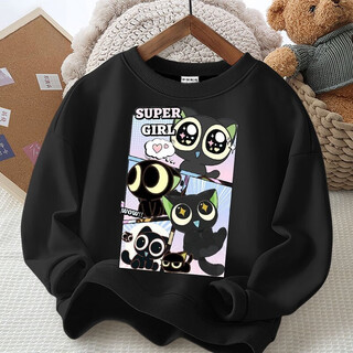 Shantou lincun luo xiaohei's super cute little black cat spring, autumn and winter small, medium and large men and women color round neck sweatshirt thickened wide black round neck heavyweight sweatshirt 110
