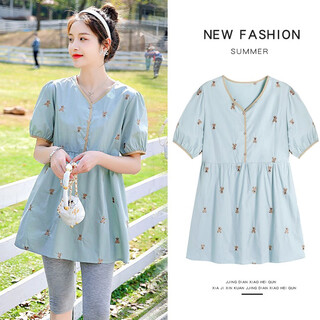 Maternity summer wear 2025 summer fashion suit medium long loose babydoll shirt maternity shirt short sleeve top bean green single top m recommendation 90-120jin jin equals 0.5 kg