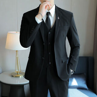 New suit suit for autumn and winter for men, korean style casual business formal three-piece suit, slim fit groom's groomsmen dress, small two-button black suit + vest + pants + shirt with waist tie and tie m m