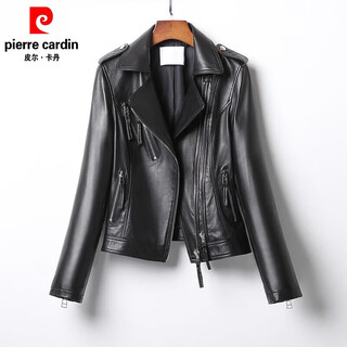 Pierre cardin 2025 spring and autumn new haining sheepskin genuine leather jacket women's short motorcycle leather jacket black l (96jin jin is equal to 0.5kg -105jin jin is equal to 0.5kg)