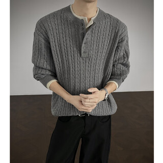 Unicorn cool american henry collar sweater men's autumn and winter trendy brand old money style men's top with fake two-piece knitted sweater for men gray m