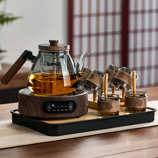 Yipot tea complete tea set glass teapot tea water separator household teapot with tea tray tea cup office kung fu tea set creative wooden handle pot 1500w stove + teapot