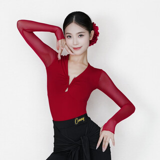Conny autumn and winter new high-end latin dance clothing daily training uniform set special tops and pants for women adults cinnabar red long-sleeved one-piece top 3xl
