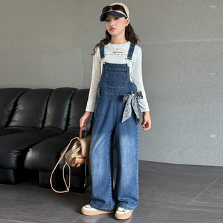 Kuclut girls autumn denim overalls spring and autumn style children's korean style fashionable loose strap wide leg pants two-piece set denim blue 160 cm