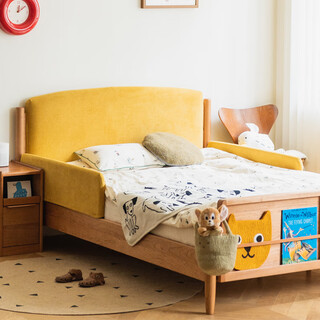 Jwqe light luxury high-end children's bed for boys and girls solid wood cherry wood soft package small apartment double bed log second bedroom 1 soft package bedside style desert yellow 1200mm*2000mm x without