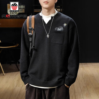 Aemape brand sweater men's 2025 early spring new trendy brand loose henry collar embroidered sweater men's sweater top black l suitable for 125-145jin jin equals 0.5 kg