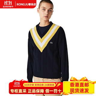 Lacoste crocodile striped color block v-neck casual long-sleeved sweater women's navy navy one size 34
