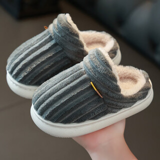 Children's cotton slippers for boys and girls in autumn and winter cartoon indoor plush baby bag and home baby parent-child cotton shoes, gray size 28-29 (inner length 17cm suitable for 4-5 years old)