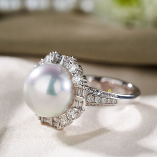 Fat donglai quality australian white pearl ring cold light extremely strong light natural sea water south sea white pearl 18k gold set with diamond south sea australian white pearl diameter 14mm + national inspection certificate