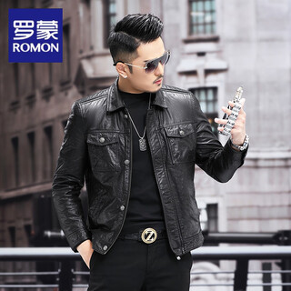 Romon autumn and winter new leather jacket men's short casual leather jacket lapel motorcycle fashion leather jacket single leather model 4xl 190 suitable for 165-180jin jin equals 0.5 kg