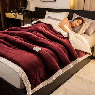 Sanqihu japanese blanket winter thickened flannel coral velvet sofa blanket blanket lamb velvet autumn and winter quilt ziwu burgundy + lamb velvet + white three-layer quilted plus 200*230 double blanket approx.