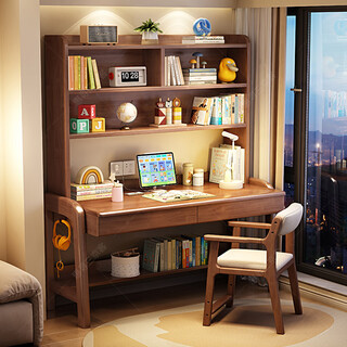 Huixun nordic solid wood desk and bookshelf integrated children's study table for home bedroom primary and secondary school students writing table can be lifted walnut color #desk + bookshelf 80cm*60cm*75cm total height 190cm