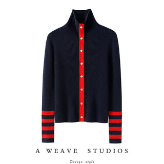 Qichao temperament high collar 100% cashmere cardigan for women 2025 new pure cashmere striped sweater slim knitted bottoming shirt navy blue s