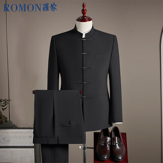 Romon suit + trousers, new chinese style plate button stand collar, chinese tunic suit, chinese style tang suit suit jacket, men's black xl