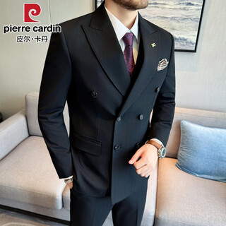 Pierre cardin beaded lapel collar dark striped double-breasted suit men's suit business formal decoration height quality suit three-piece black (single suit) free tie xl (125-140jin jin equals 0.5 kg)