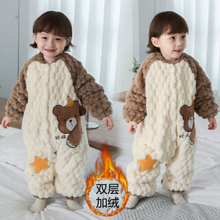 Runhuanian baby pajamas winter thickened and warm children's coral velvet anti-kick one-piece home clothes for boys and girls flannel sleeping bag brown button style double layer plus velvet 130 yards (115-125cm)