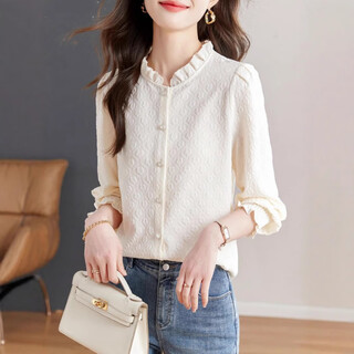 Ling yue camisa francesa de manga larga para mujer 2026 primavera y otoño nuevas camisetas delgadas tops camisa de fondo de encaje de hongos de moda para mujer albaricoque m recomendado 100-110 jin jin equivale a 0,5 kg