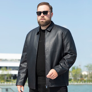 Jiujiu wang jiu mu wang large size men's leather jacket 2025 winter fatty plus velvet windproof warm loose lapel executive jacket black l (125-135jin jin equals 0.5kg)
