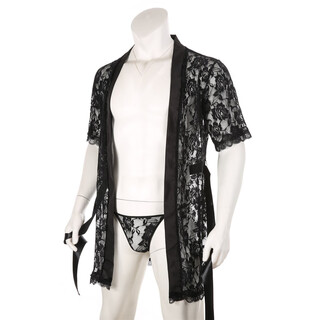 Jiuai men's large size sexy temptation nightgown lace bathrobe home suit comes with thong half sleeve black + thong m _(170-175cm,60-70kg)
