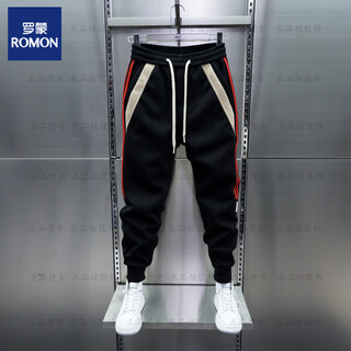 Romon 2025 trendy autumn and winter spliced striped leg pants men's elastic waist sports men's pants loose small foot harem small foot pants black xl recommended 140-155 jin jin equals 0.5 kg