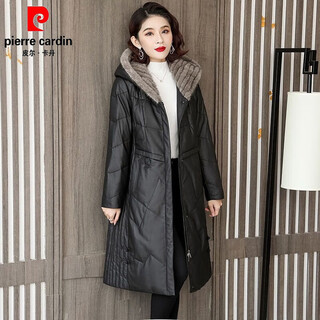 Pierre cardin haining genuine leather sheepskin down jacket mink fur hat leather jacket 2025 winter new mid-length slim hooded jacket women black 2xl