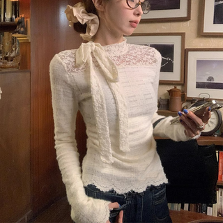 Ono seven days lace half turtle collar bottoming shirt for women in autumn and winter with velvet and thickened western style small shirt with lace splicing long sleeve top white one size