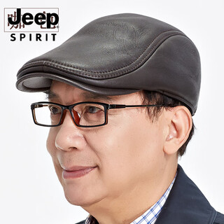 Jeep spirit american high-end winter middle-aged and elderly hat men's sheepskin one-piece peaked cap genuine leather beret warm protection brown m xxxl (head circumference 61-62c) extra large