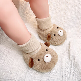 淘比仔婴儿袜子秋冬季加绒鞋袜软底可爱不掉中筒袜加厚新生儿满月棉袜套 卡其_【高弹袜筒防掉】 11 内长cm【约0-6个月】