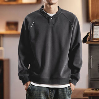 American retro heavyweight sweatshirt men's spring and autumn style double-sided cotton henry collar long-sleeved trendy brand velvet bottoming shirt for men dark gray m m suitable for 100-130jin jin equals 0.5 kg