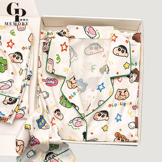 Gp memory ice silk pajamas female internet celebrity girly style cute cartoon thin couple wear home clothes men's gift box for girlfriend and boyfriend crayon shin-chan short sleeves + shorts + pants same style for couples l women recommended 100-120 jin jin is equal to 0.5 kg
