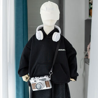 基础百搭款儿童连帽卫衣男童女童加绒加厚上衣韩版中小童冬装潮 黑色卫衣 90 90cm