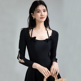 Shikaidi 2025 new style black long-sleeved one-piece swimsuit for women sun protection bow hot spring swimsuit conservative design black m _85-100jin jin equals 0.5 kg