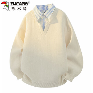Woodpecker (tucano) sweater men's winter shirt collar sweater fake two-piece casual warm inner bottoming sweater line clothes apricot xl