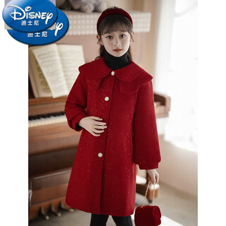 Disney (disney) girls' woolen coat autumn and winter new year's red new year's eve dress western style padded thick woolen coat red gold flash wool 110 cm