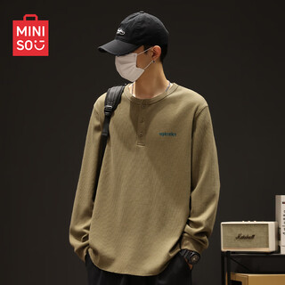 Miniso men's t-shirt american trendy henry collar waffle bottoming shirt autumn men's long sleeve t-shirt z green l